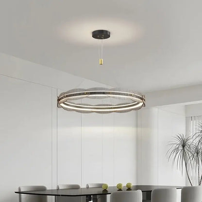 Modern circular DecorBites LED pendant light with sleek metallic finish and layered ring design for living and dining spaces