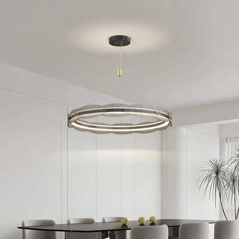 Modern circular DecorBites LED pendant light with sleek metallic finish and layered ring design for living and dining spaces