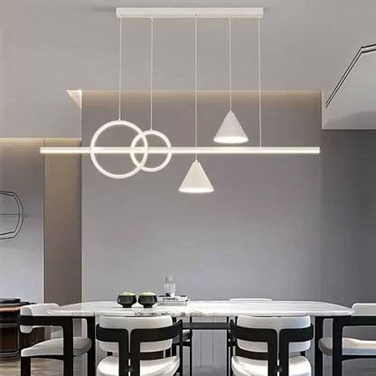 Modern white decorbites led pendant light with intersecting circular rings and conical shades for dining and living rooms