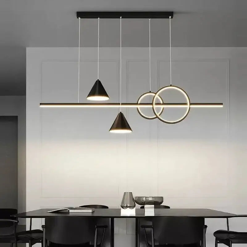 DecorBites led pendant light featuring a modern black and gold geometric design with intersecting circles and cones