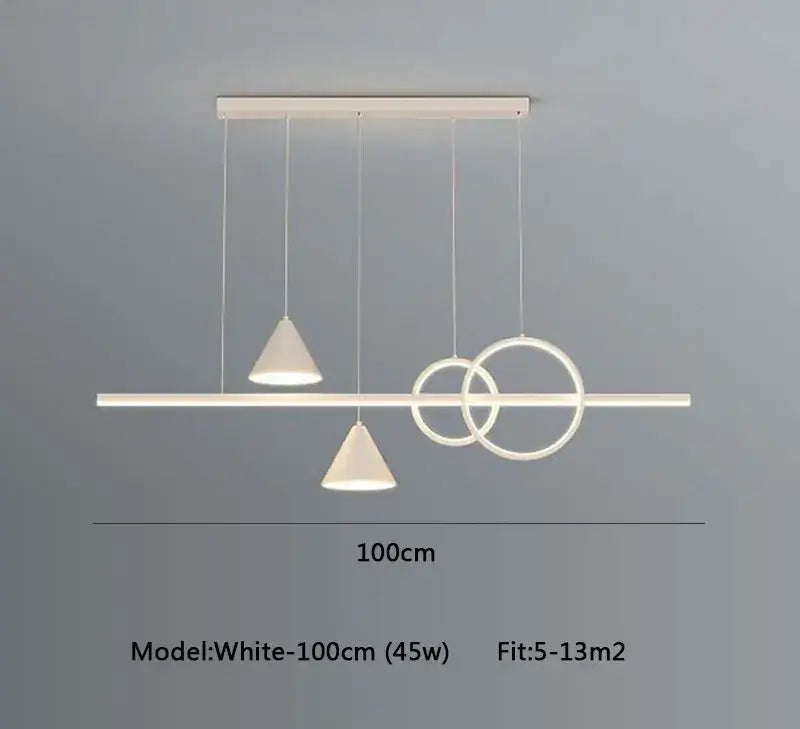 Modern white decorbites led pendant light with geometric design featuring cone lamps and interlocking rings for dining room