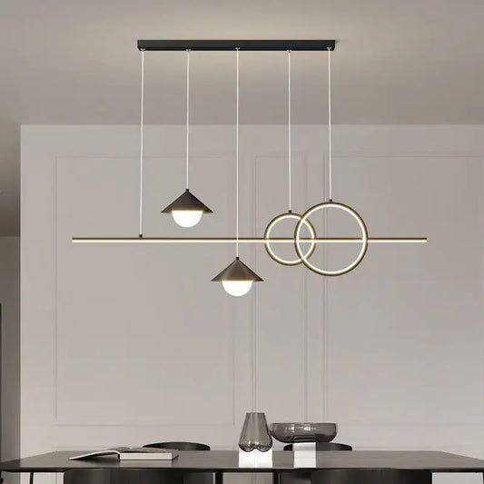 Modern black and gold DecorBites LED pendant light with geometric rings and conical shades for dining room and kitchen