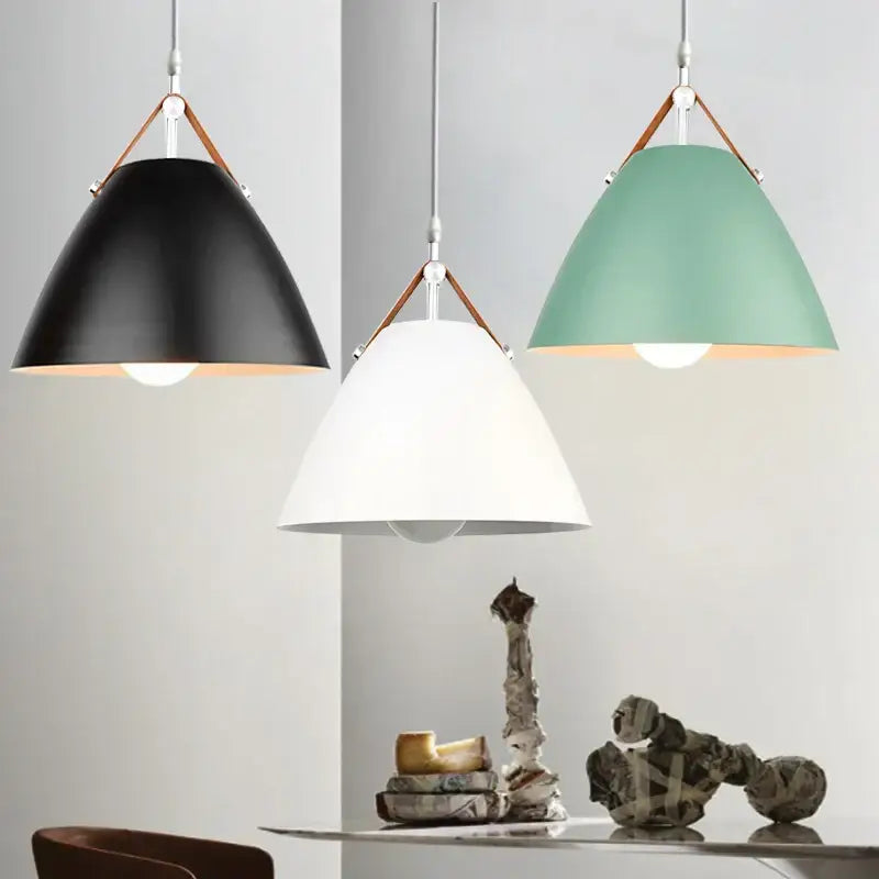 Three modern DecorBites LED pendant lights with black, white, and mint green conical shades and leather straps
