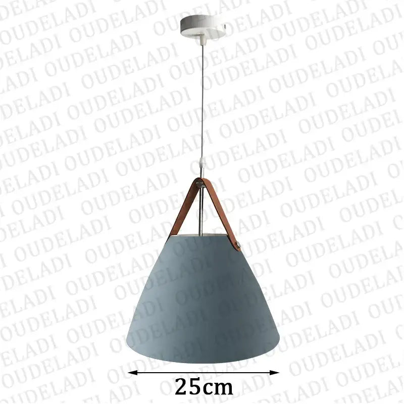 Gray conical pendant light with brown leather strap and white metal hardware by DecorBites led pendant light
