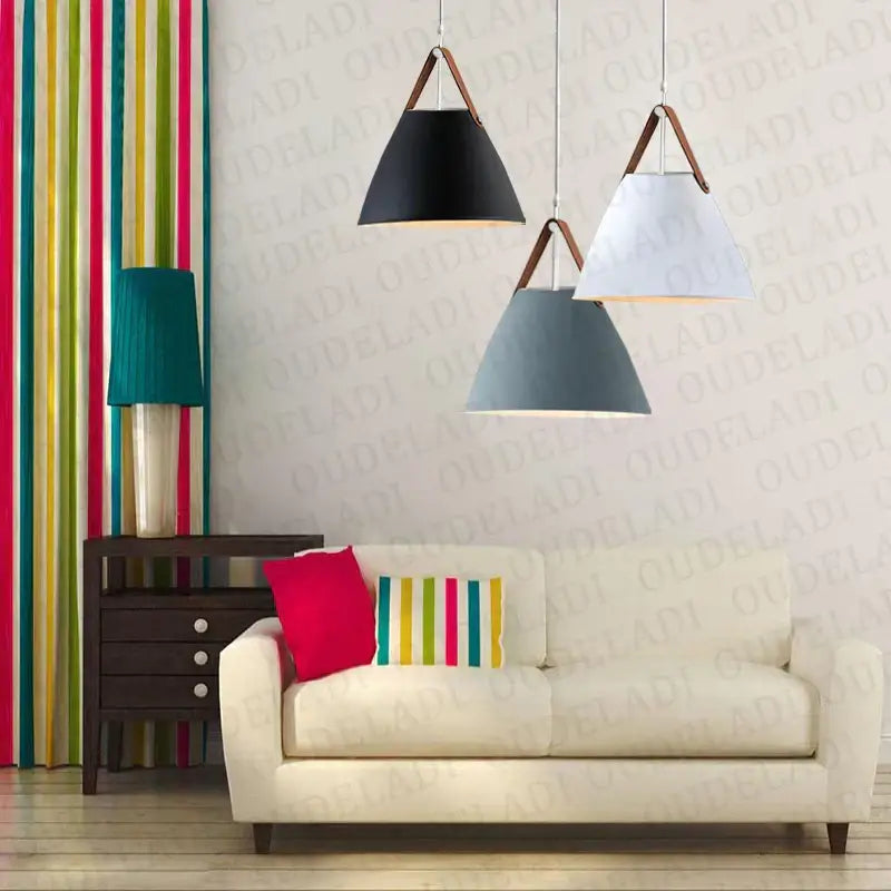 Three modern pendant lights in black white and gray with brown leather straps decorbites led pendant light for home use