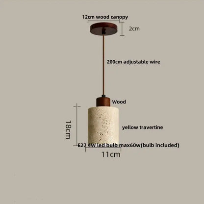Modern nordic decorbites led pendant light featuring a yellow travertine cylindrical shade with wooden canopy and adjustable wire