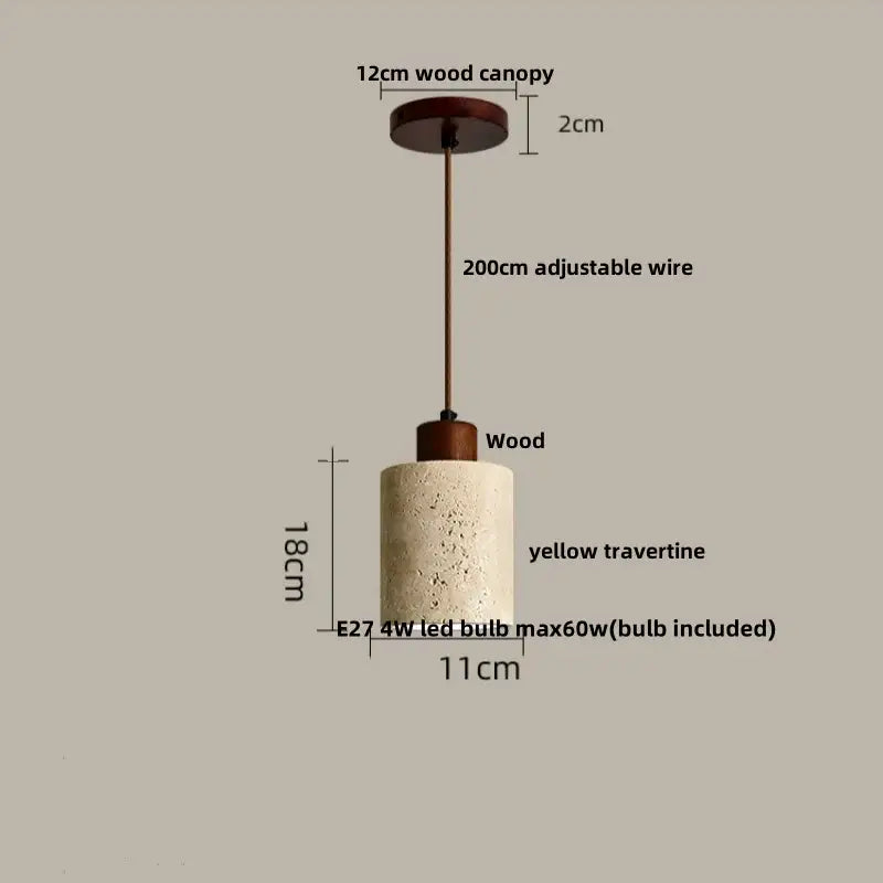 Modern nordic decorbites led pendant light featuring a yellow travertine cylindrical shade with wooden canopy and adjustable wire