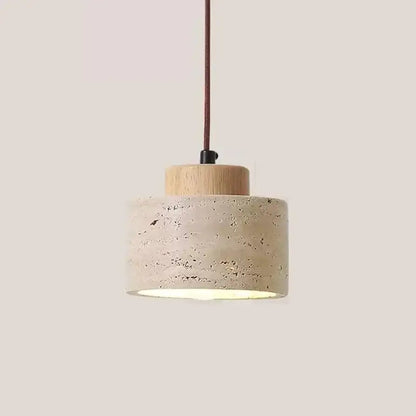 Decorbites led pendant light with a beige concrete shade, natural wood disc, and dark brown fabric cord suspension