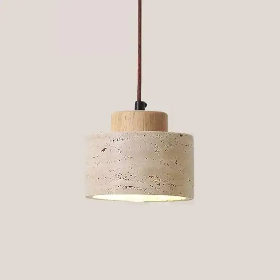 Decorbites led pendant light with a beige concrete shade, natural wood disc, and dark brown fabric cord suspension