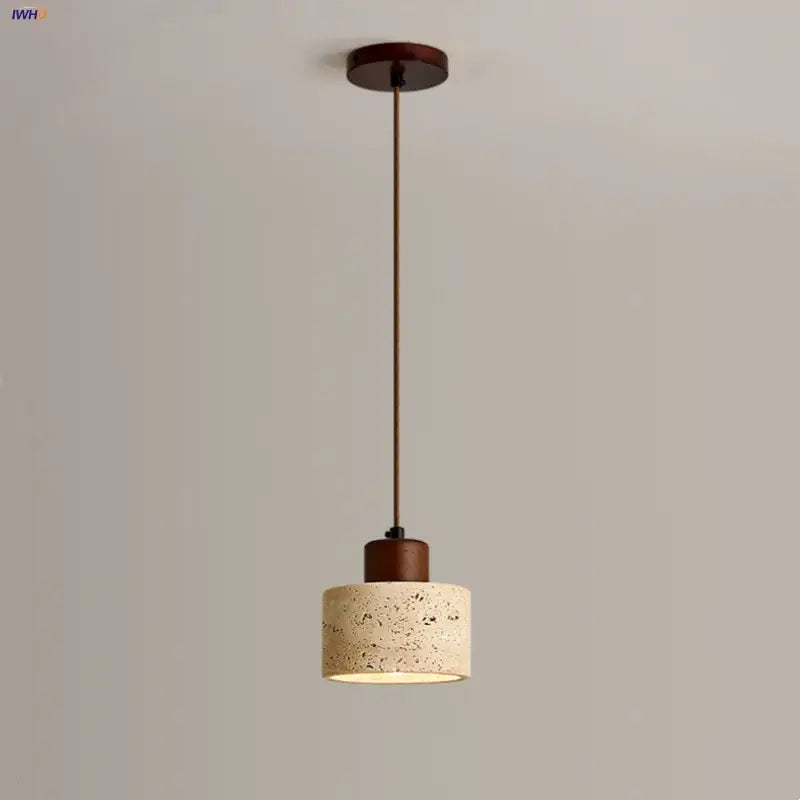 DecorBites led pendant light with textured beige concrete shade and dark brown wood accents in modern Nordic style