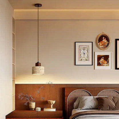 DecorBites led pendant light with warm beige textured shade and dark metal accents in modern Nordic wood canopy design