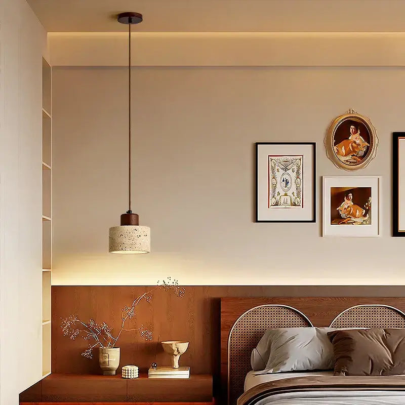 DecorBites led pendant light with warm beige textured shade and dark metal accents in modern Nordic wood canopy design