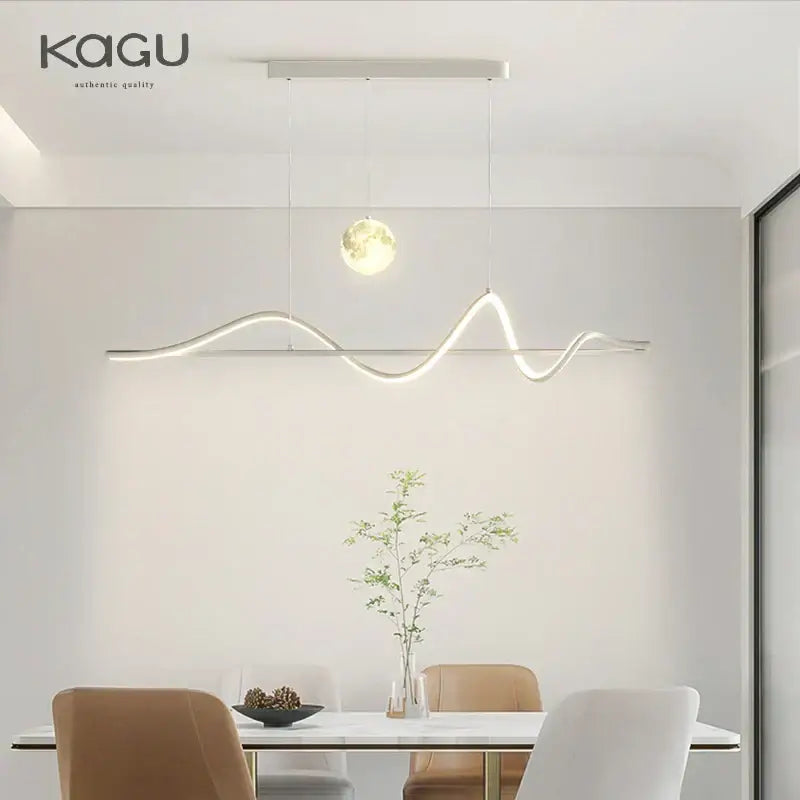 Modern white DecorBites LED pendant light with sleek wavy design and illuminated moon accent for home and office