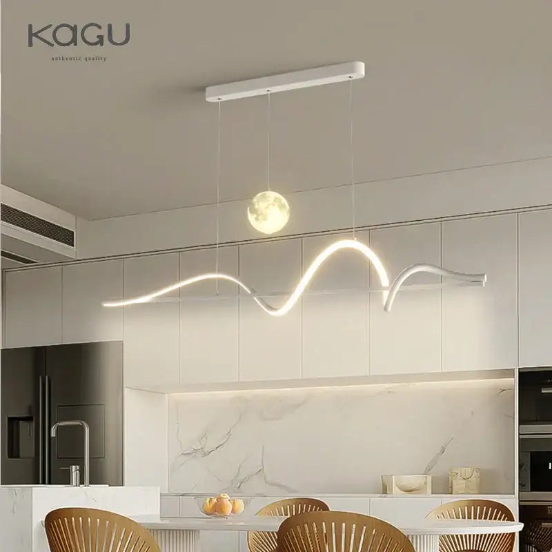 Modern white decorbites led pendant light with wave-shaped design and glowing moon accent for home and office lighting
