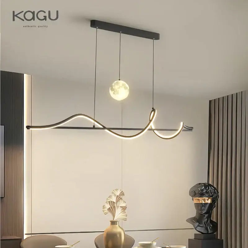 Modern black metal DecorBites LED pendant light with wave-shaped LED strip and spherical bulb for home and office use