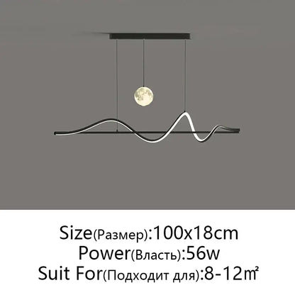 Modern black and white wave-shaped decorbites led pendant light with central moon motif for home or office use