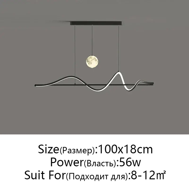 Modern black and white wave-shaped decorbites led pendant light with central moon motif for home or office use
