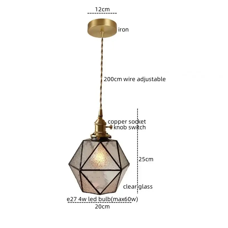 Decorbites led pendant light with brass iron mount and clear glass faceted panels for bedroom and dining room lighting