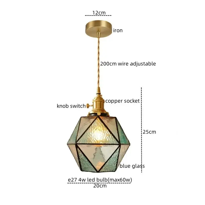 Decorbites led pendant light with faceted blue glass panels brass mount and copper socket for bedroom dining room