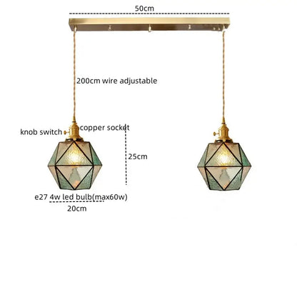 Brass-finished decorbites led pendant light with green stained glass panels and copper sockets for bedroom and hallway