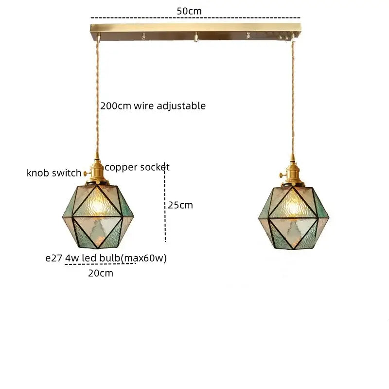 Brass-finished decorbites led pendant light with green stained glass panels and copper sockets for bedroom and hallway