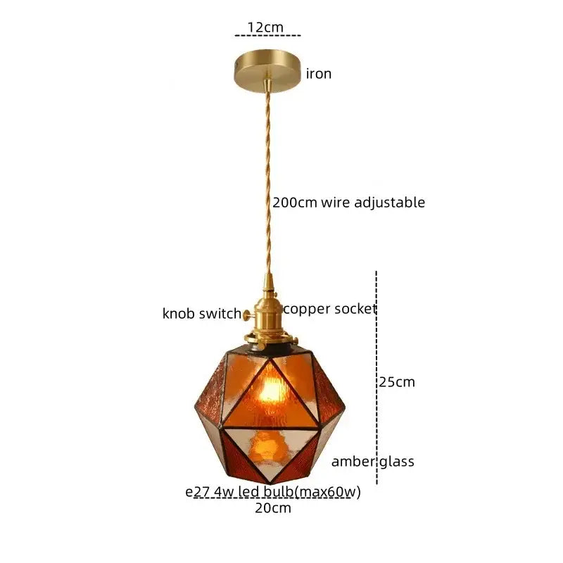 Decorbites led pendant light warm amber glass pendant light with brass iron mount and copper socket for bedroom use