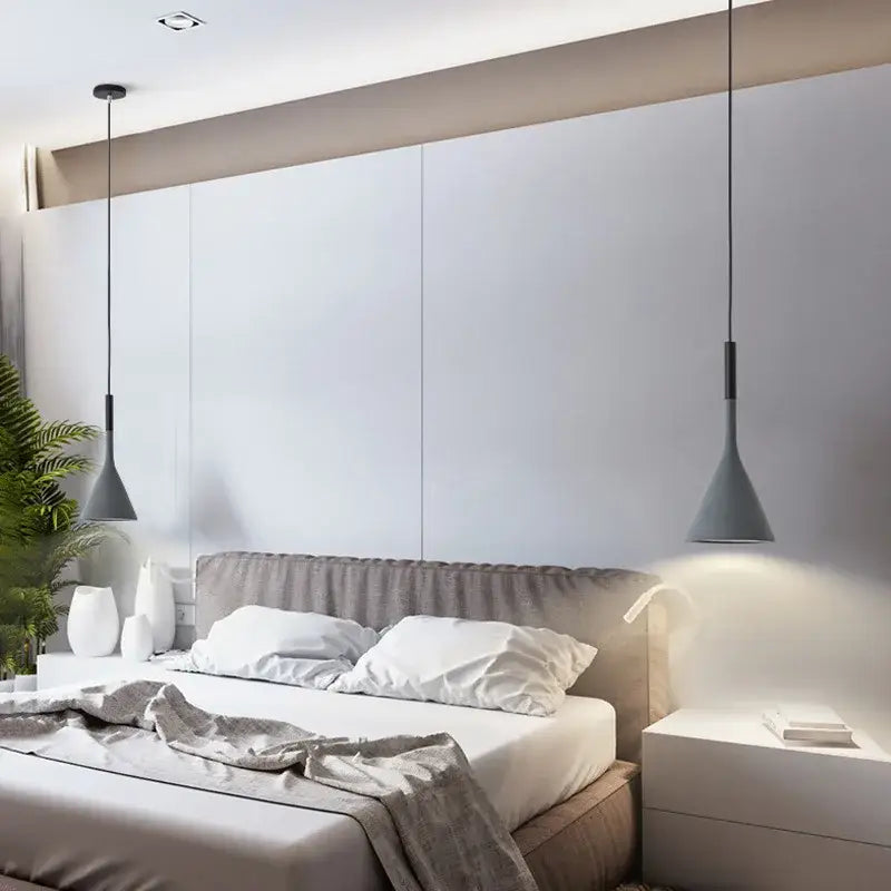 Modern gray conical decorbites led pendant light with sleek black cords for bedrooms and living rooms