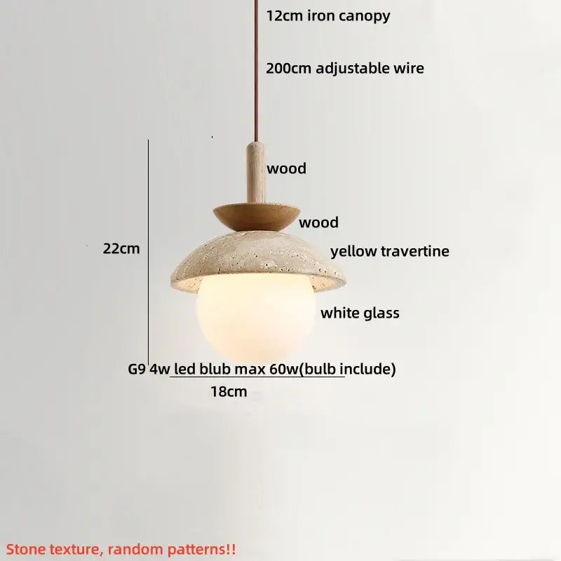 Decorbites led pendant light featuring a yellow travertine stone shade wood accents and a 12cm iron canopy pendant light
