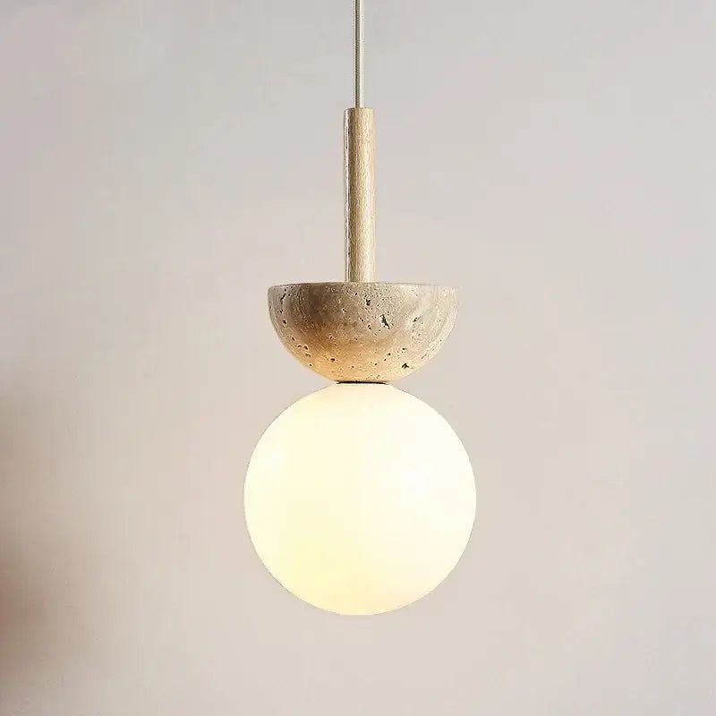 Minimalist decorbites led pendant light with matte concrete base, wooden stem, and warm frosted glass globe for modern decor