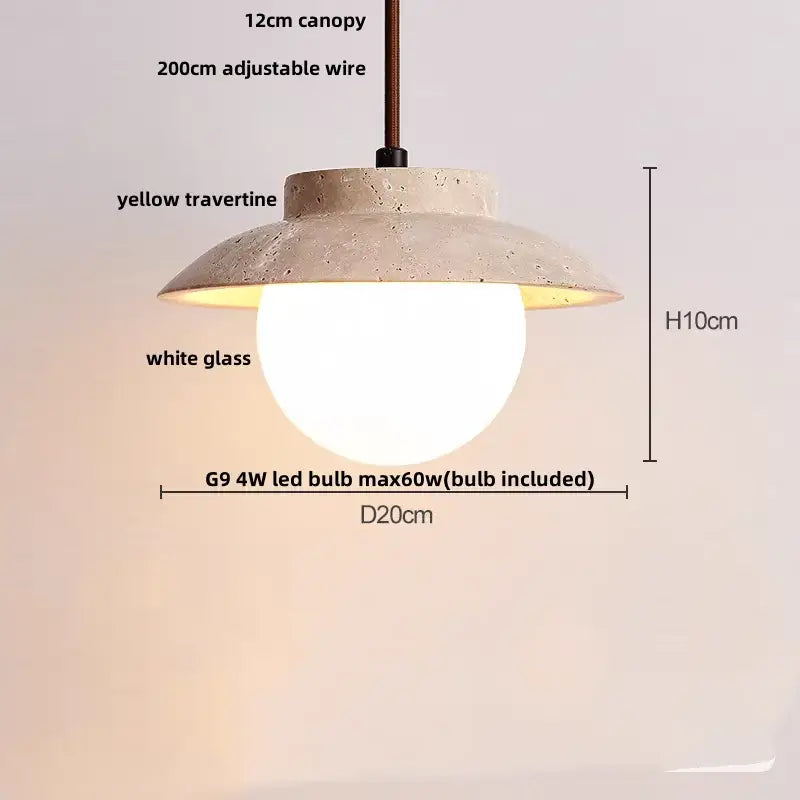 DecorBites led pendant light with a textured yellow travertine canopy and white glass globe LED pendant light