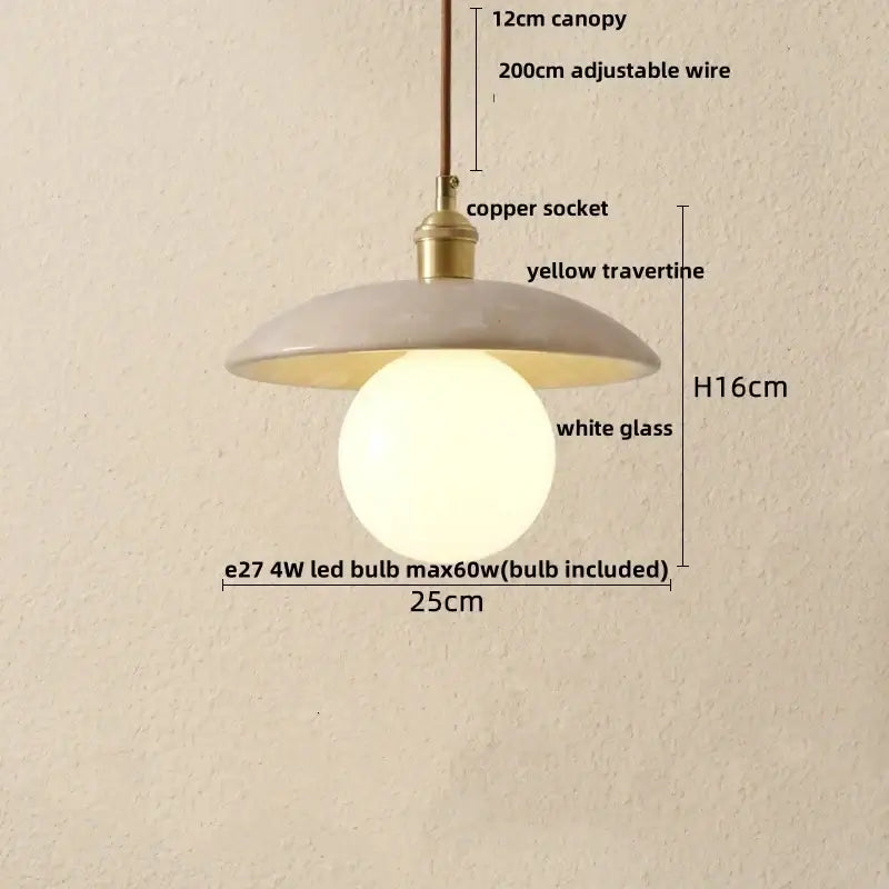 Decorbites led pendant light with matte yellow travertine canopy brass copper socket and glowing white glass globe