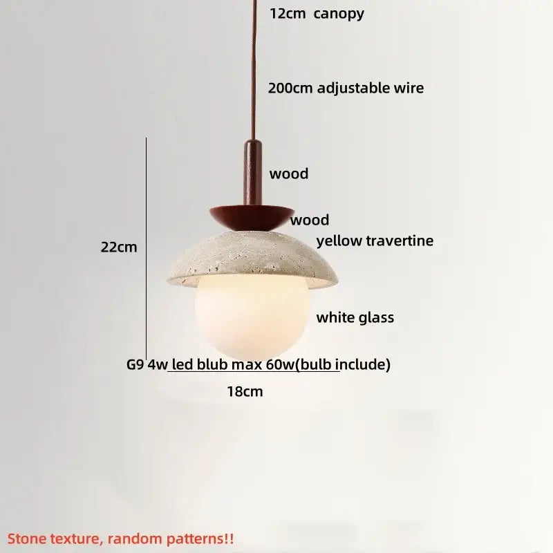 Decorbites led pendant light with 12cm wood base canopy yellow travertine stone shade and white glass globe