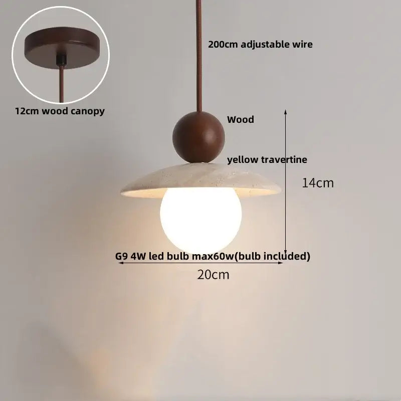 Decorbites led pendant light with warm brown wooden sphere and yellow travertine shade 20cm diameter adjustable wire