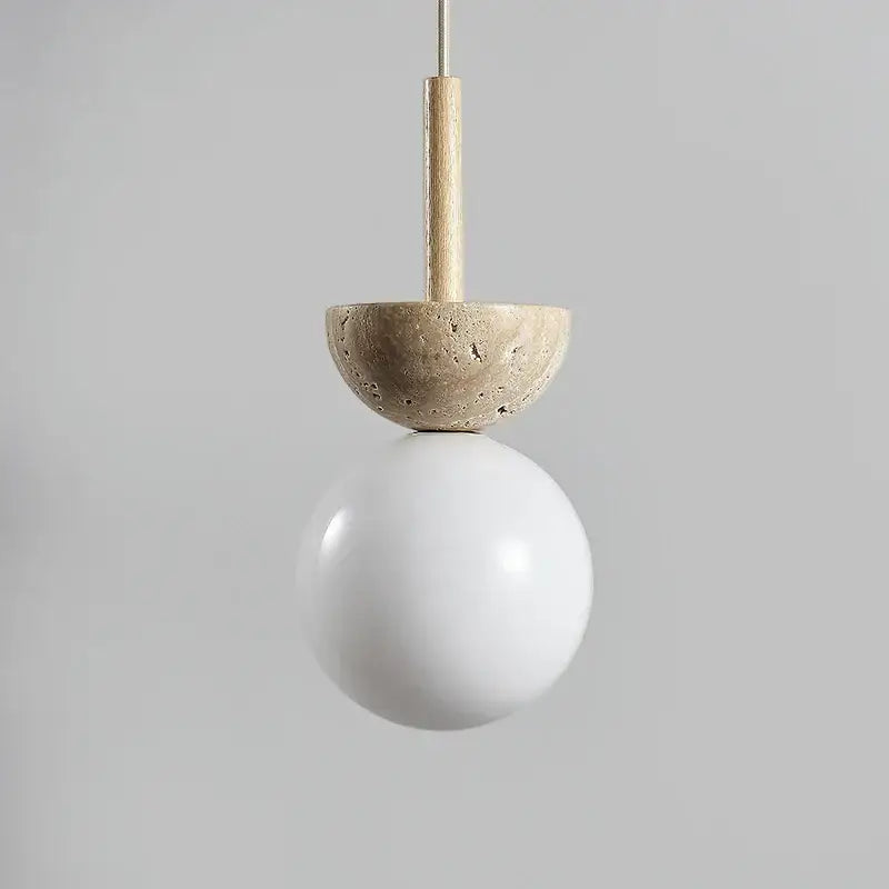 Minimalist DecorBites led pendant light with matte white glass globe, beige stone half-disk, and wooden rod