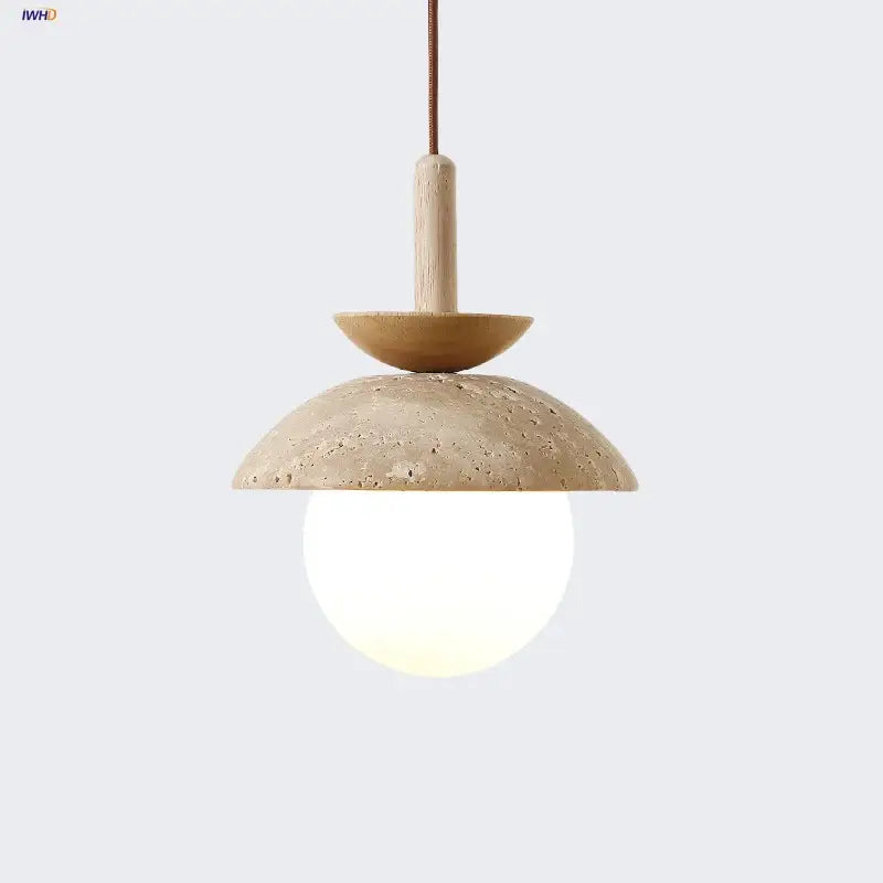 DecorBites led pendant light with beige concrete dome, wooden suspension, and frosted glass globe illumination