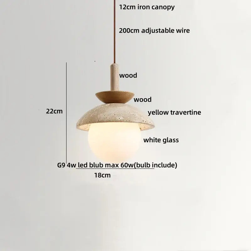 Decorbites led pendant light with 12cm iron canopy, wood accents, yellow travertine shade, and white glass
