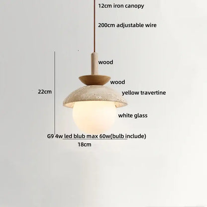Decorbites led pendant light with 12cm iron canopy, wood accents, yellow travertine shade, and white glass