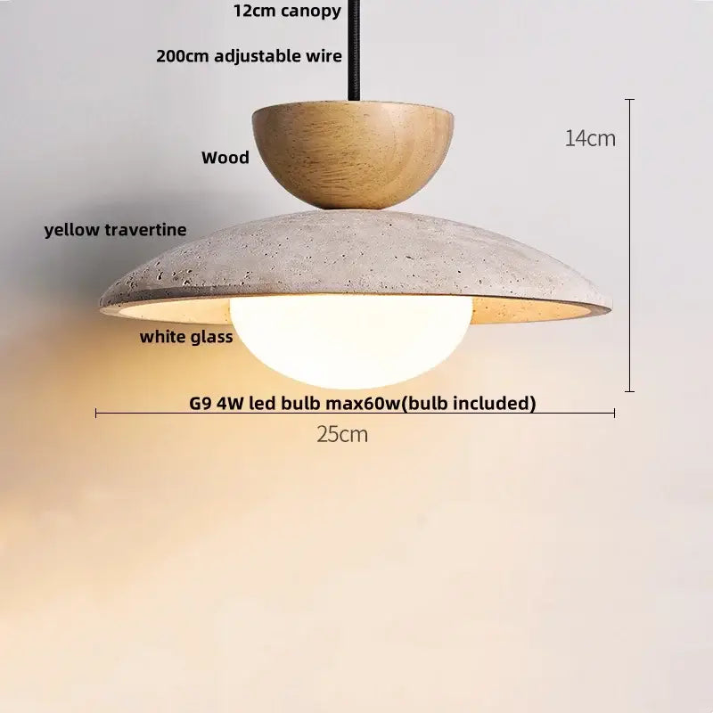 Decorbites led pendant light with wooden canopy yellow travertine shade and white glass diffuser for modern decor