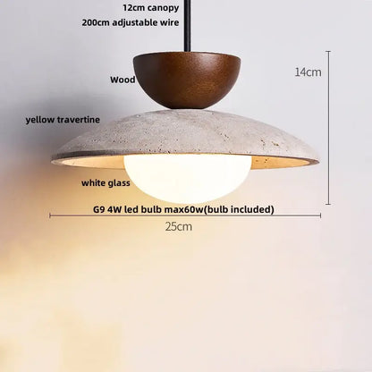 Decorbites led pendant light with warm brown wooden canopy yellow travertine shade and white glass diffuser