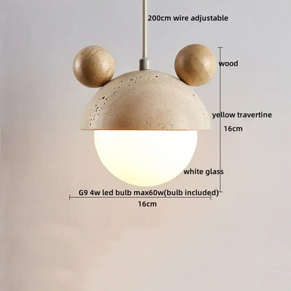 Decorbites led pendant light with yellow travertine dome wood sphere accents and white glass globe in minimalist style