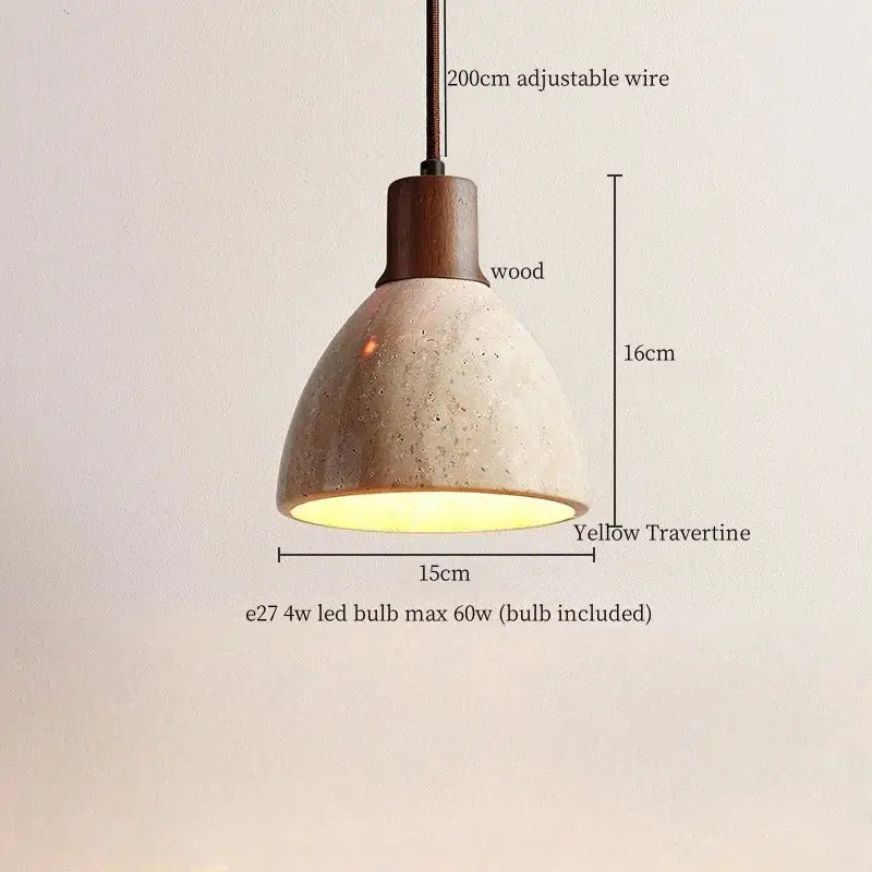 Decorbites led pendant light with a warm yellow travertine textured shade and wooden top in a modern design