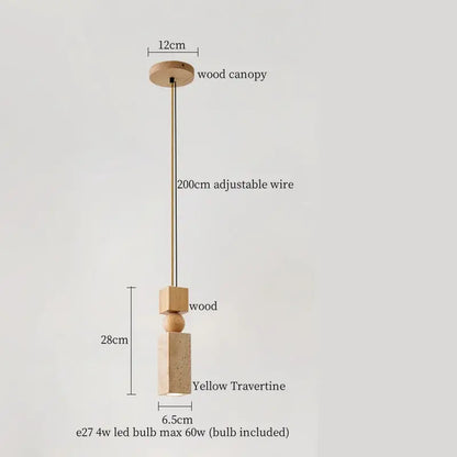 Minimalist DecorBites LED pendant light with natural wood canopy, adjustable brass wire, and yellow travertine elements