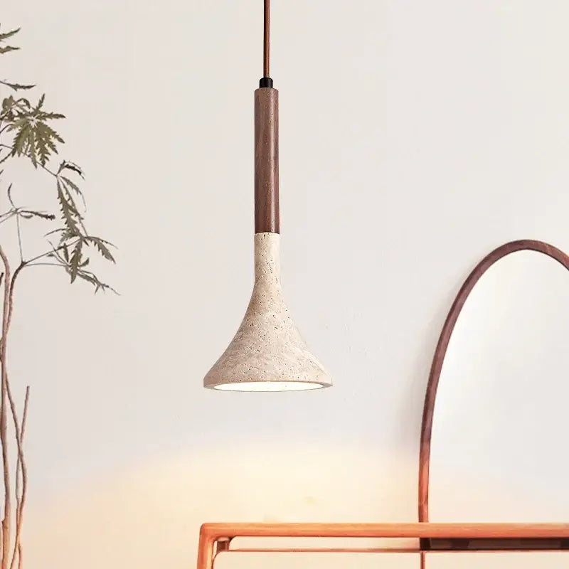 Modern decorbites led pendant light with textured off-white concrete shade and copper stem inspired by yellow travertine