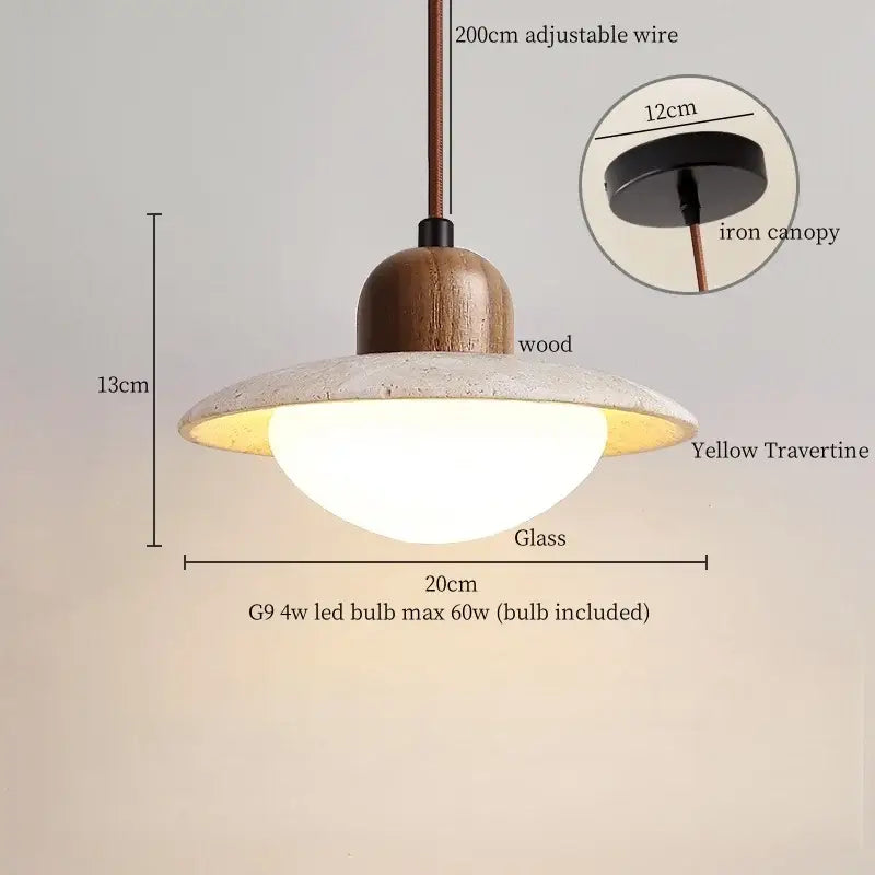 Decorbites led pendant light with yellow travertine shade, warm wood top, glass interior, and iron canopy