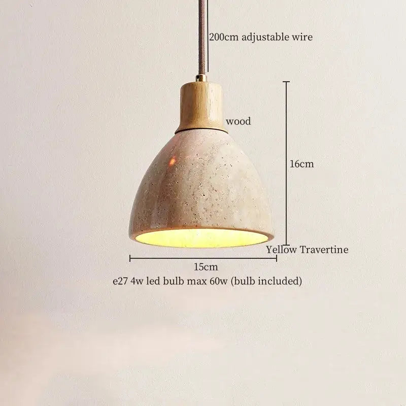 Decorbites led pendant light featuring a 16cm warm yellow travertine shade and natural wood top pendant light