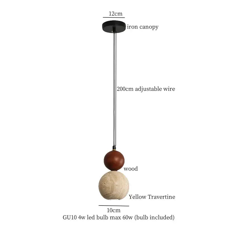 Decorbites led pendant light featuring a modern design with yellow travertine and wooden spherical shades hanging from black iron canopy