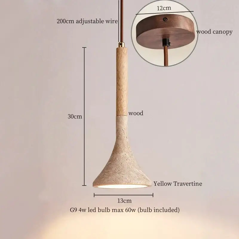 Decorbites led pendant light with yellow travertine textured shade and wooden stem for modern interior lighting