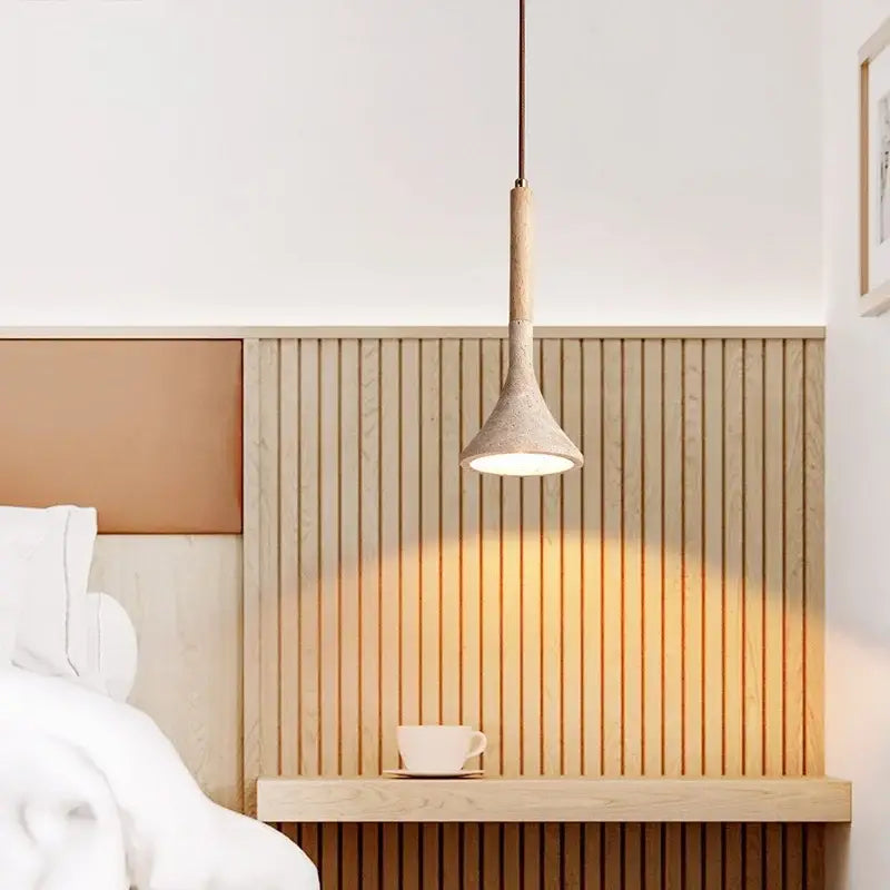 Minimalist decorbites led pendant light in yellow travertine with tapered concrete design and warm illumination