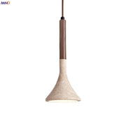 DecorBites led pendant light with yellow travertine textured concrete shade and dark wood stem modern pendant light