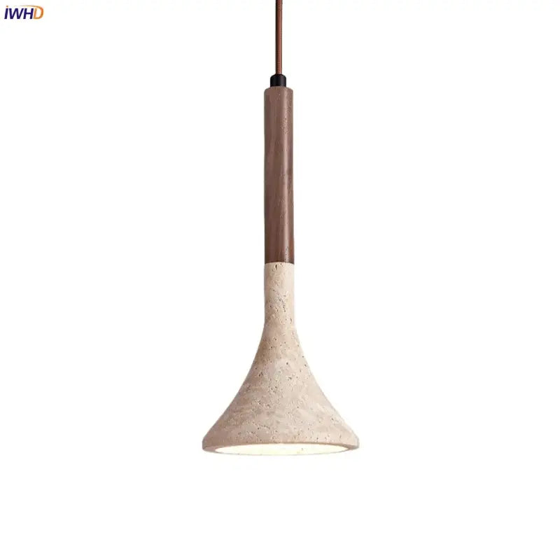 DecorBites led pendant light with yellow travertine textured concrete shade and dark wood stem modern pendant light